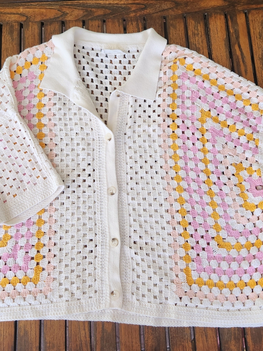 Women's New In Crochet Colorblock Polo Cardigan Size Medium/Large Cottagecore